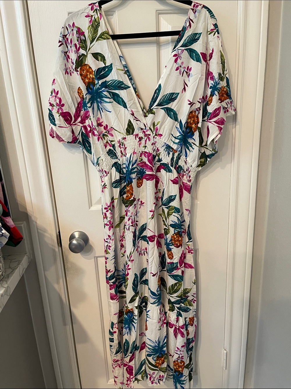 Floral V-Neck Smocked Waist Midi Dress - White with Pink & Green - Picture 1 of 4